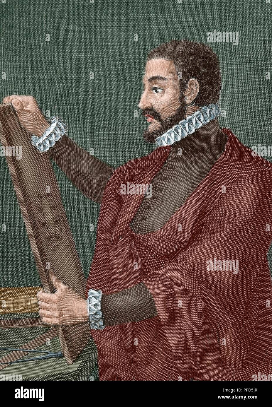 Juan de Herrera (1530-1597). L'architecte espagnol, mathématicien et géomètre. Portrait. La gravure. De couleur. Banque D'Images
