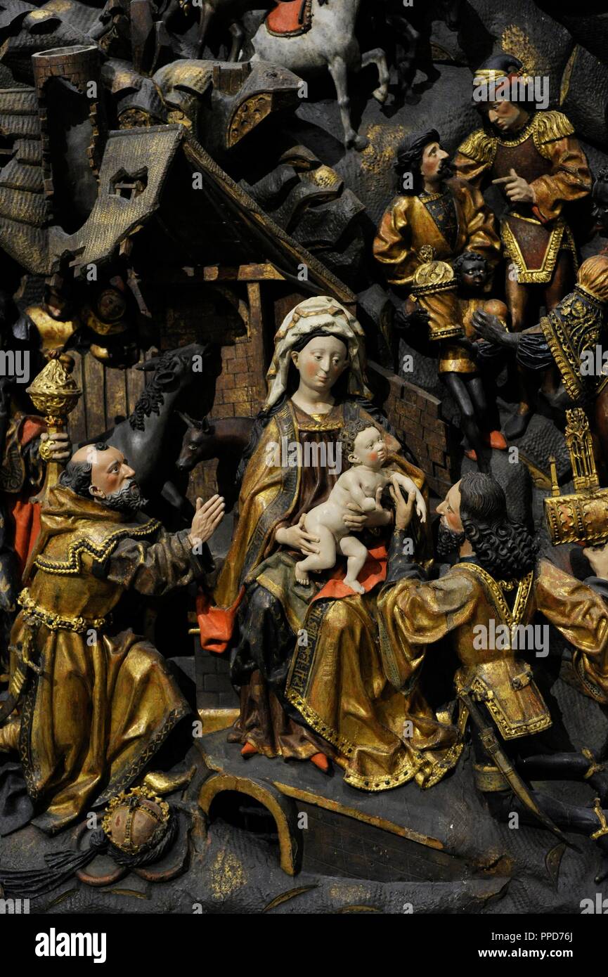 Adoration des Mages. Détail. Maître Arnt de Kalkar et Zwolle, Bas-Rhin, France, 1480-1485. Chêne, polychrome. Museum Schnu_tgen. Cologne, Allemagne. Banque D'Images