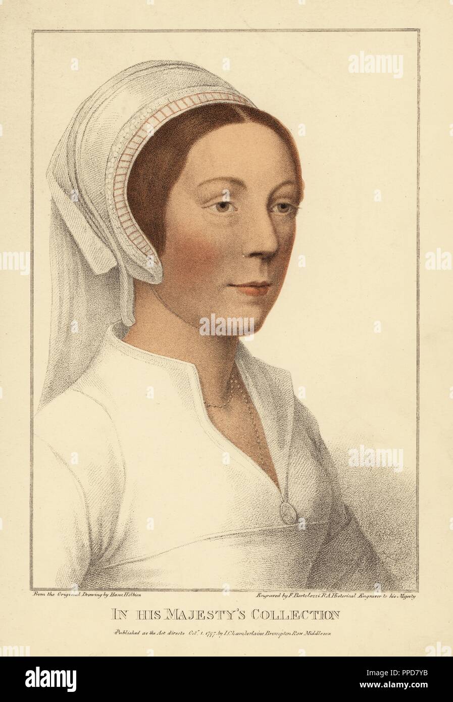 Catherine Howard, cinquième femme du roi Henry VIII, décapité en 1541. Maintenant qu'une femme non identifiée. La gravure sur cuivre coloriée par Francis Bartolozzi après Hans Holbein à partir de fac-similés de dessins originaux de Hans Holbein, Hamilton, Adams, Londres, 1884. Banque D'Images