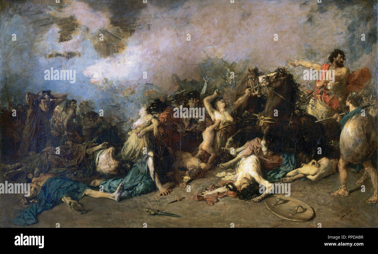 Carthage Hannibal (247-183, Bithynie a.C). Homme d'État Carthaginois militaire.'DERNIER JOUR DE SAGUNTO' (1869). Huile sur toile par Francisco Domingo Marques (1842-1920). Hannibal est sur la droite fixée sur un chariot. Banque D'Images