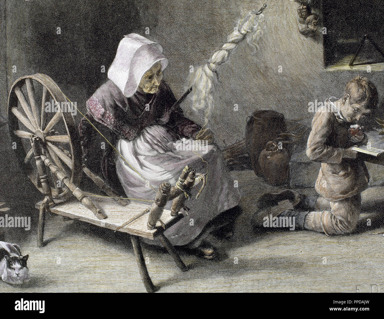 Vieille Femme qui tourne. Gravure couleur, 1870. Banque D'Images