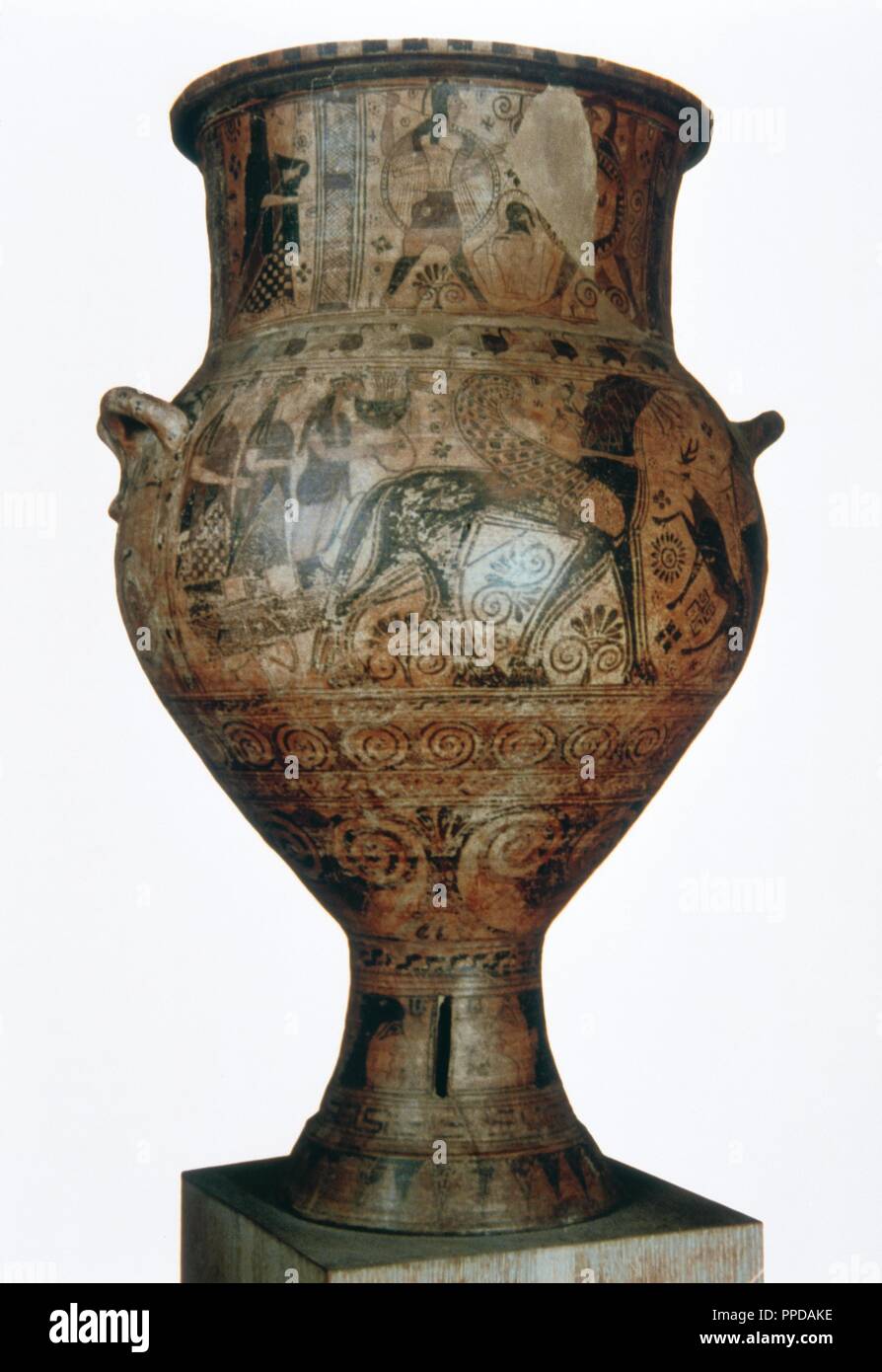 L'art grec. Archaïque. L'Amphora de Mélos. Entre 650-600 av. Datd Apollo et muses en chariot tiré par des chevaux. Musée National Archéologique d'Athènes. La Grèce. Banque D'Images