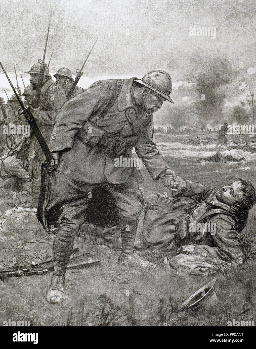 La Première Guerre mondiale (1914-1918). Bataille de Champagne (France) : un blessé le capitaine et chef de bataillon, qui a également rejoint la lutte, se serrer la main pour souhaiter bonne chance. Année 1915. Banque D'Images