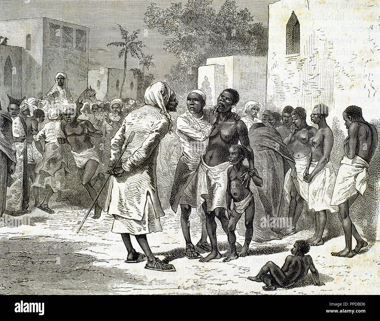 Histoire de l'Afrique. Marché des esclaves à Zanzibar. Gravure par Hildibrand. 1882. Banque D'Images