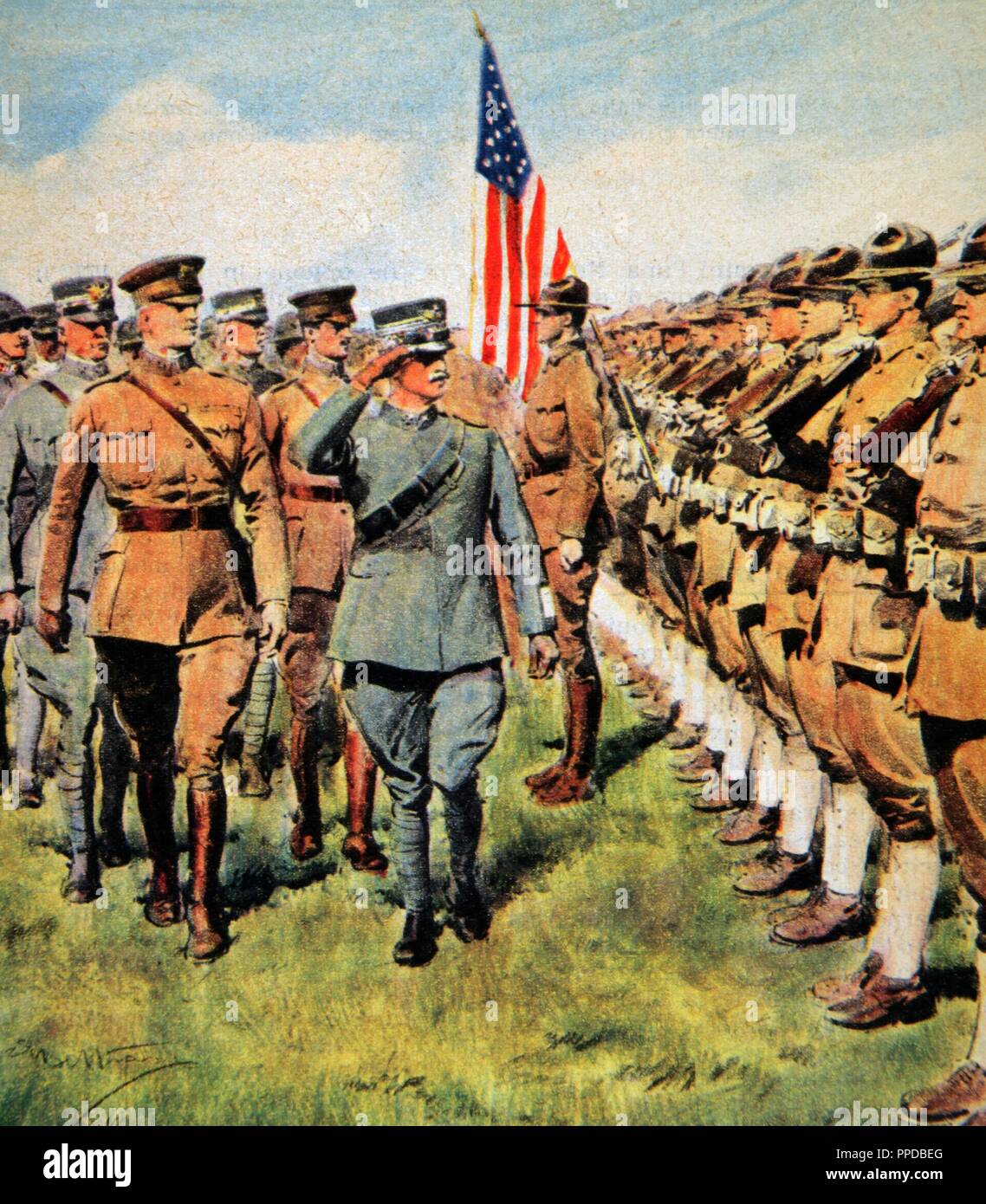 La Première Guerre mondiale (1914-1918). Les États-Unis ont conclu le conflit en déclarant la guerre sur les puissances centrales le 2 avril 1917. Le monarque italien Victor Emmanuel III de l'examen d'un régiment américain. Dessin couleur dans 'La Domenica del Corriere" (1917). Banque D'Images