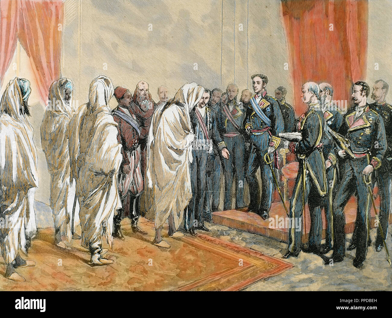 Amadée I (1845-1890). Duc d'Aoste et Roi d'Espagne (1871-1873). La réception de l'Amadeo King félicitations de l'ambassade du Maroc dirigé par Mohammed IV, le 20 mars 1872. Enregistré par A. Carter. De couleur. Banque D'Images