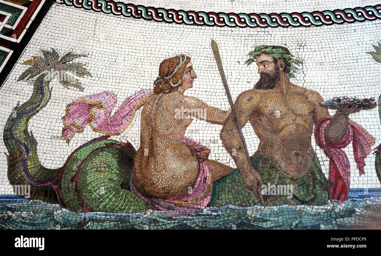 Mosaïque romaine de réplique les bains d'Ocriculum (Otricoli, Italie). Détail d'un Triton et une néréide. Petit Ermitage. La salle du pavillon. Le Musée de l'Ermitage. Saint Petersburg. La Russie. Banque D'Images
