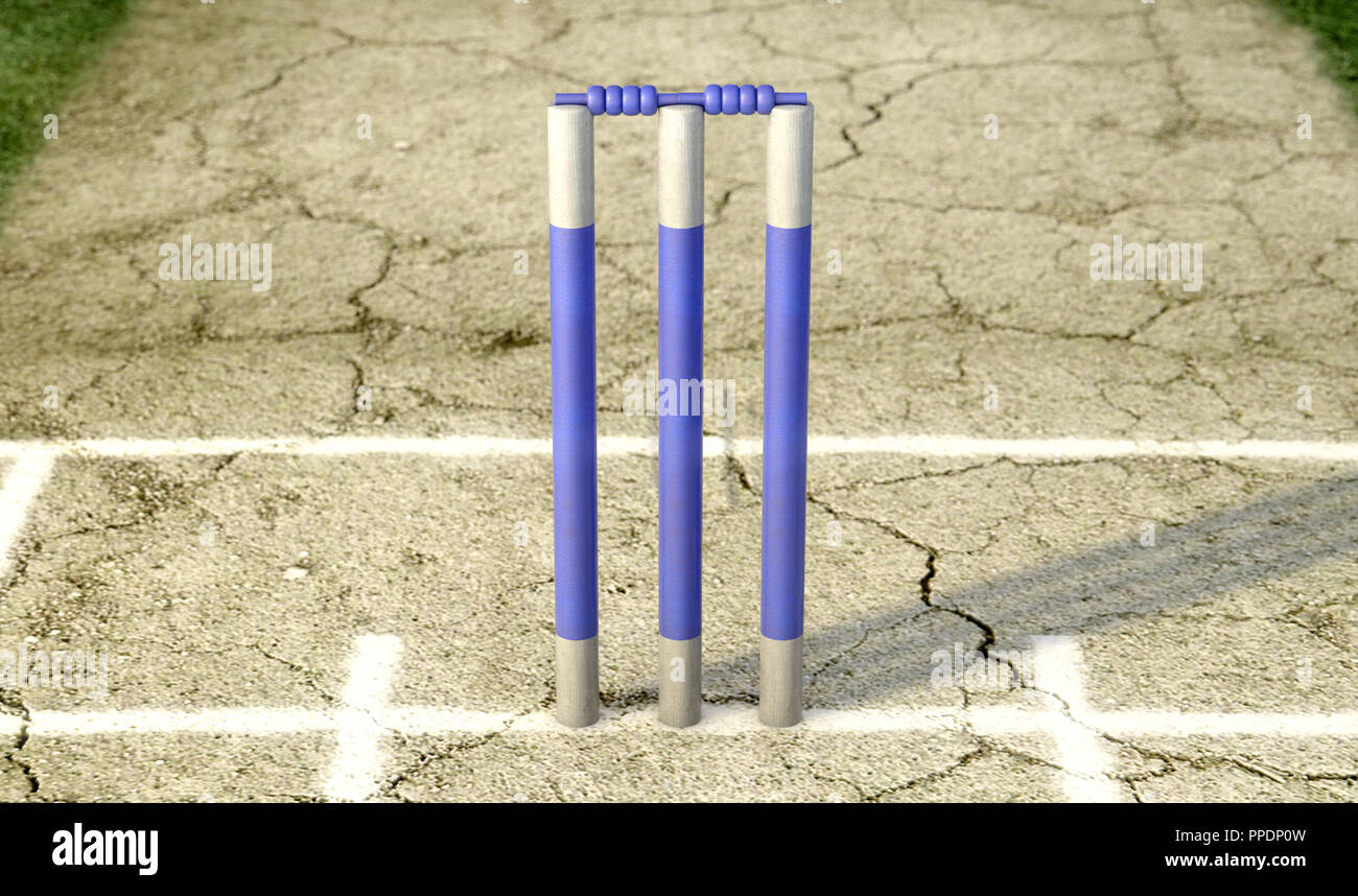 Un jeu de cricket wickets bleu sur un terrain en gazon fissuré - Contexte de rendu 3D Banque D'Images