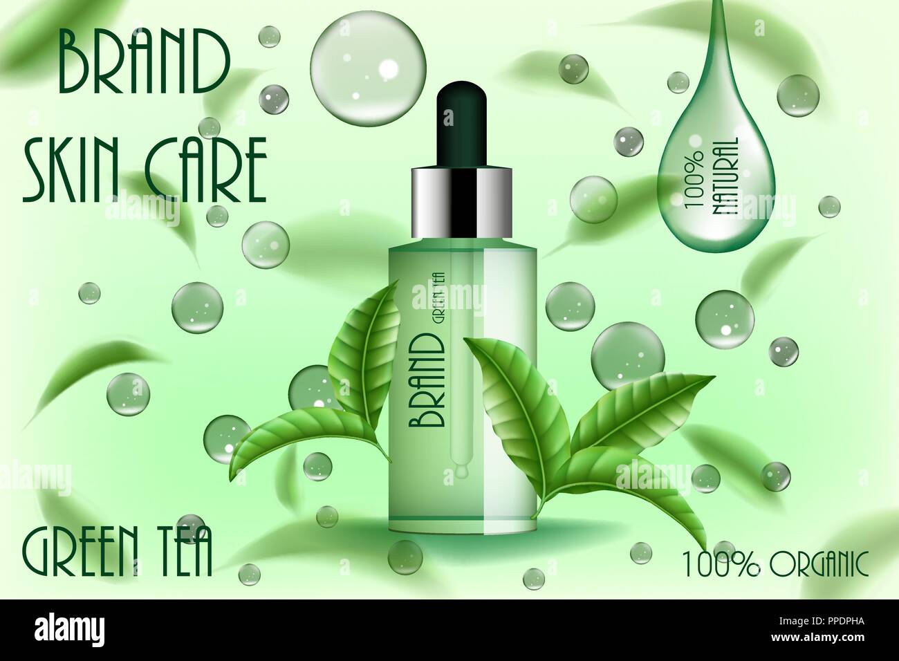 Annonces cosmétiques hydratants modèle. Le thé vert ou le sérum de soin de peau pure essence avec le vol, les feuilles de thé et la goutte d'eau. Produit cosmétique 3d illustration design Illustration de Vecteur