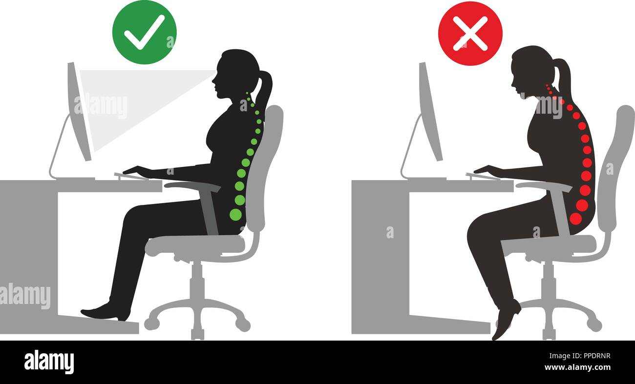 Ergonomie correcte des femmes debout et assis lors de l'utilisation d'un ordinateur Illustration de Vecteur