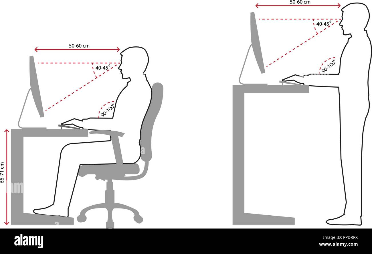 Corriger la position assise et debout maintien à l'aide d'un ordinateur, le dessin des lignes Illustration de Vecteur