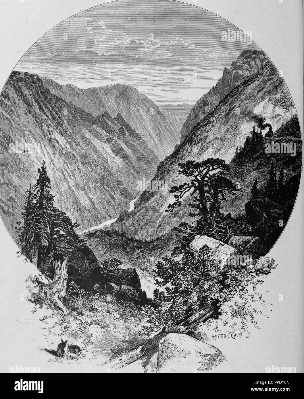 Gravure de l'écart du géant dans l'American River Canyon, du livre 'Le Pacific tourist', 1877. Avec la permission de Internet Archive. () Banque D'Images