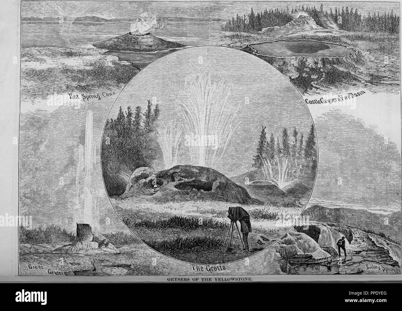 Gravure des geysers dans le parc de Yellowstone, Hot Spring Cone, Château Geyser et du bassin d'incendie, Grant Geyser, grotte, et Boiling Springs, du livre 'Le Pacific tourist', 1877. Avec la permission de Internet Archive. () Banque D'Images