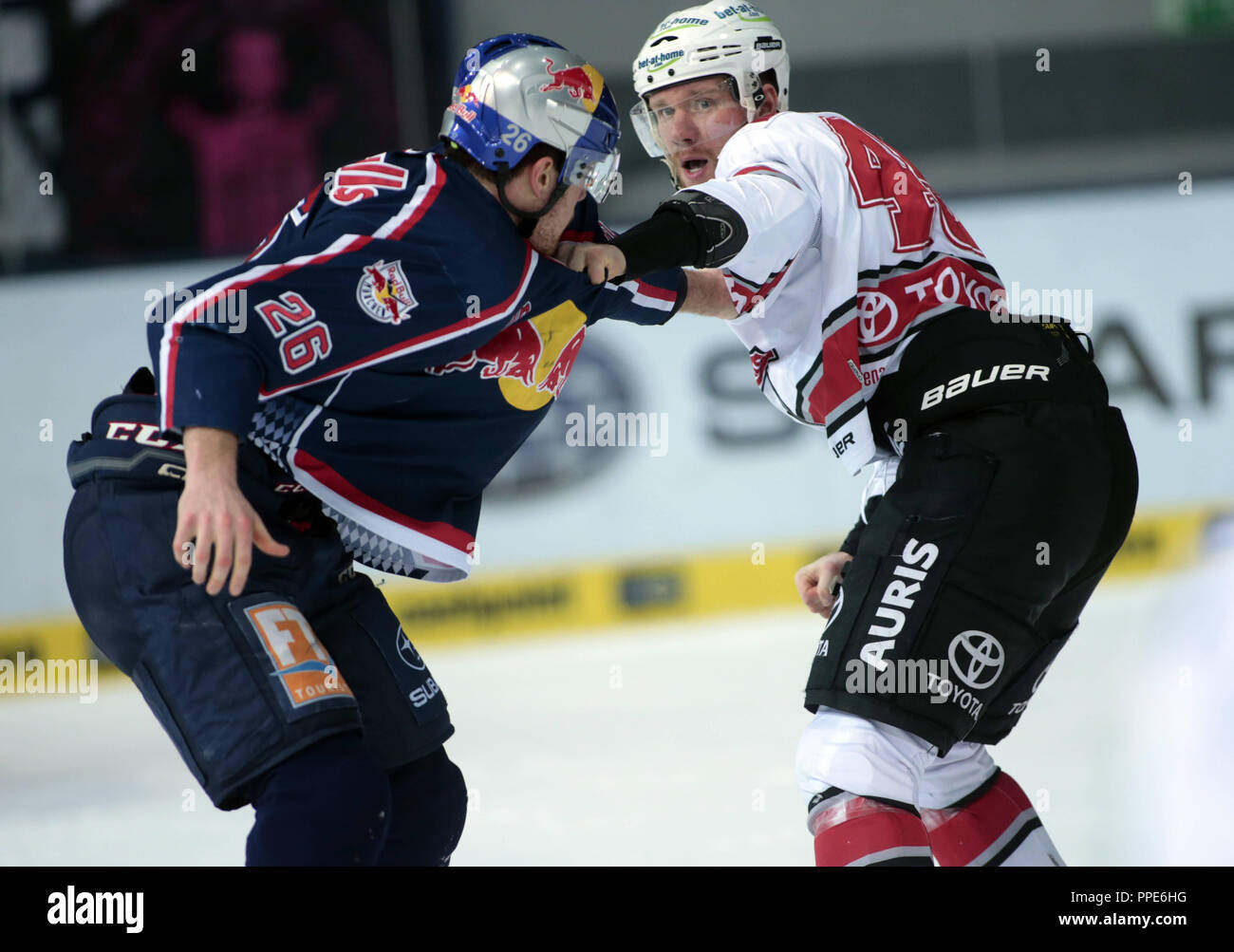 Le hockey sur glace : Red Bull EHC Muenchen - Koelner Haie, un combat entre Jan Urbas et de l'EHC et Marcel Mueller de Koelner Haie. Banque D'Images