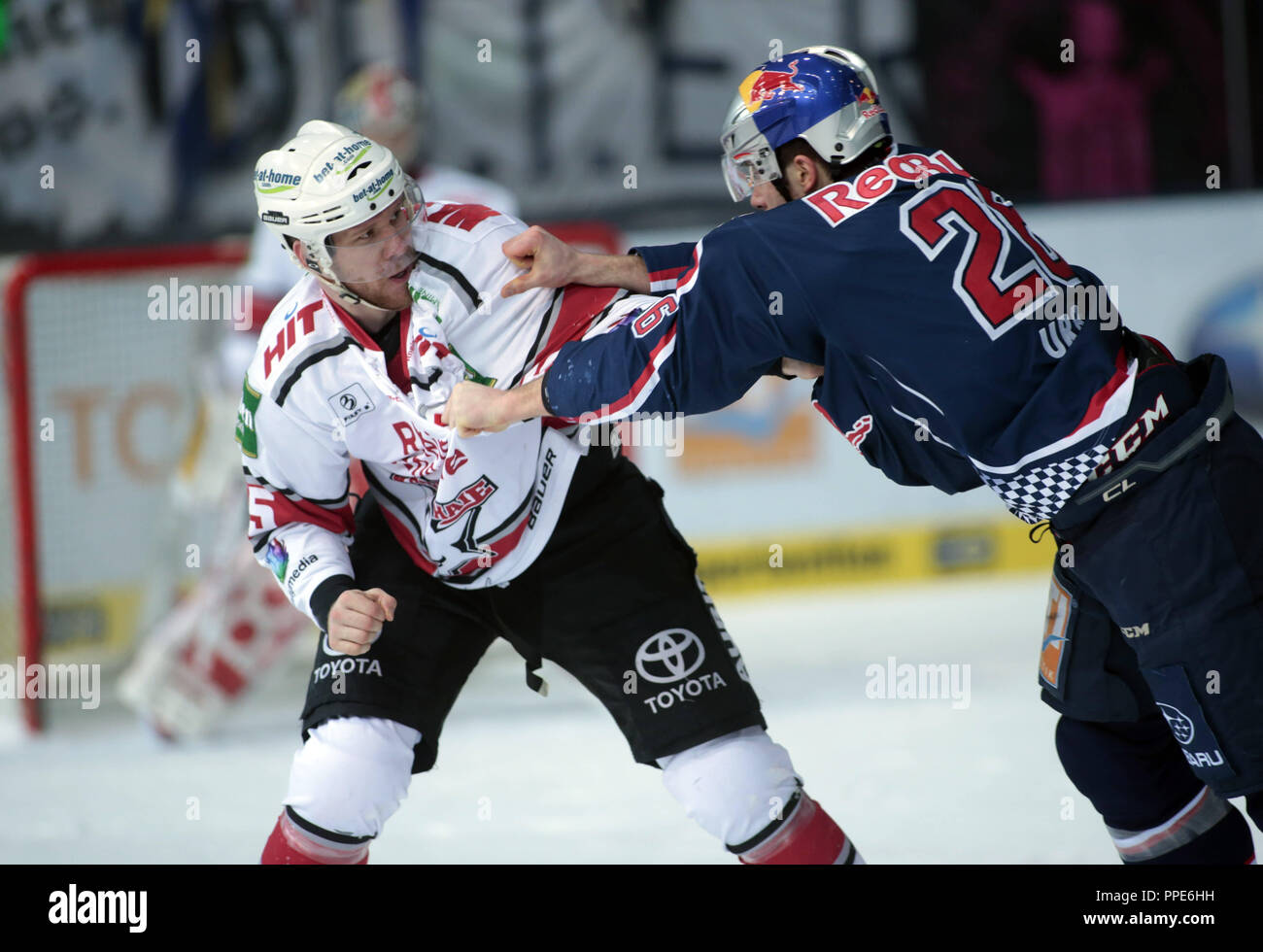 Le hockey sur glace : Red Bull EHC Muenchen - Koelner Haie, un combat entre Jan Urbas et de l'EHC et Marcel Mueller de Koelner Haie. Banque D'Images