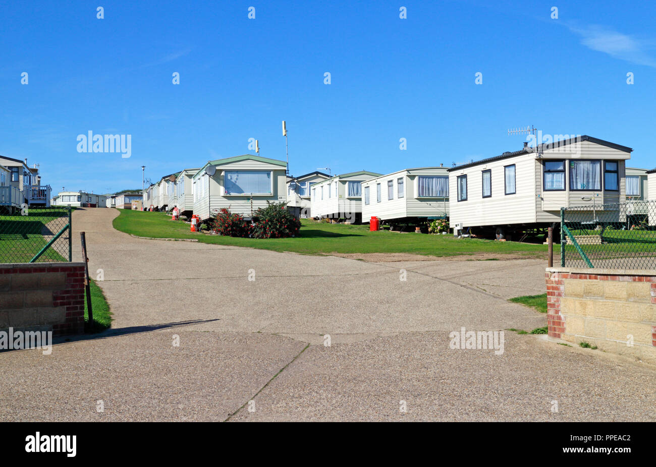 Une maison de vacances camping site sur la côte nord du comté de Norfolk à East Runton, Norfolk, Angleterre, Royaume-Uni, Europe. Banque D'Images