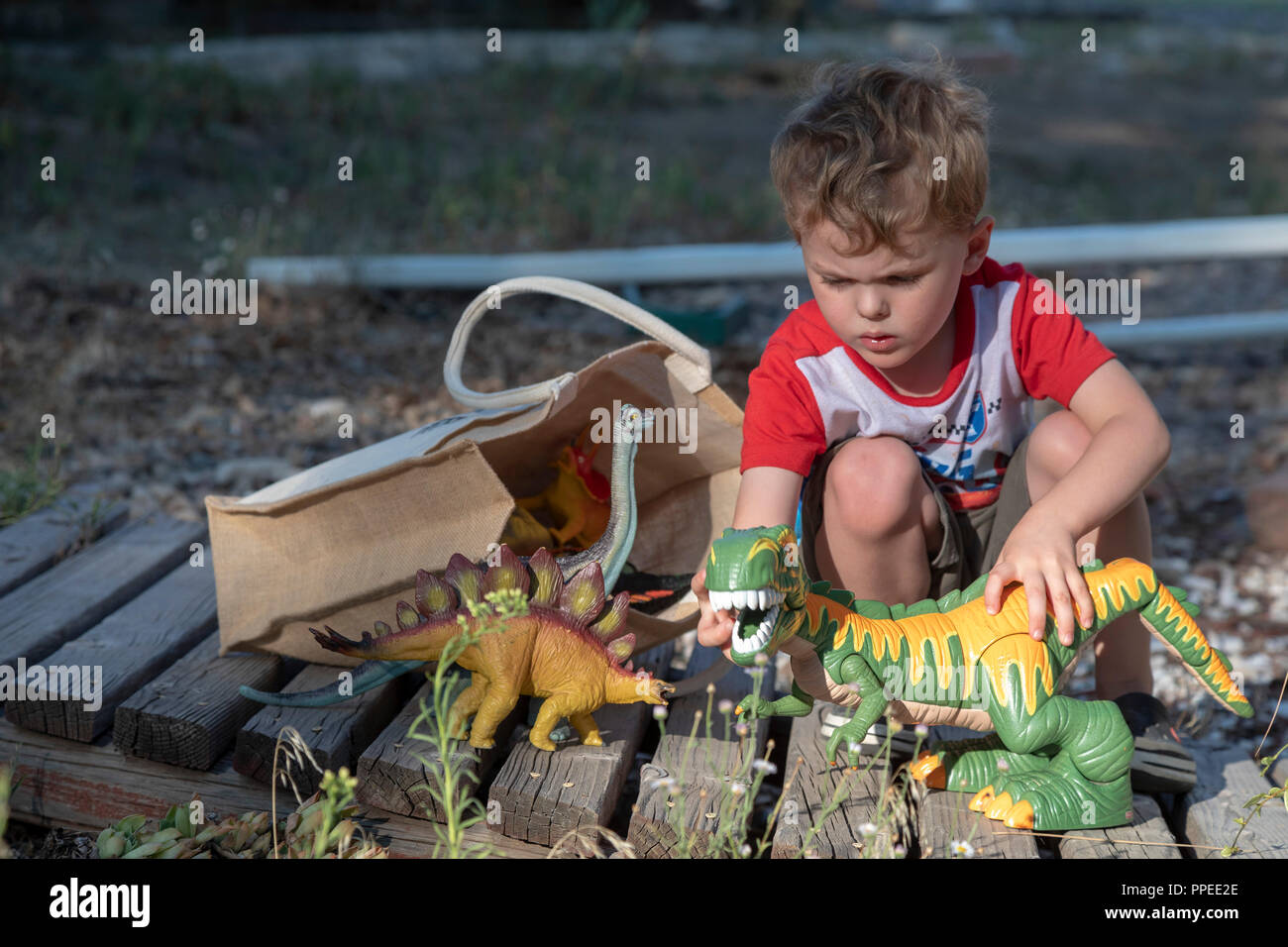 Aspen, Colorado - Adam Hjermstad, 4, joue avec son jouet dinosaures. Banque D'Images
