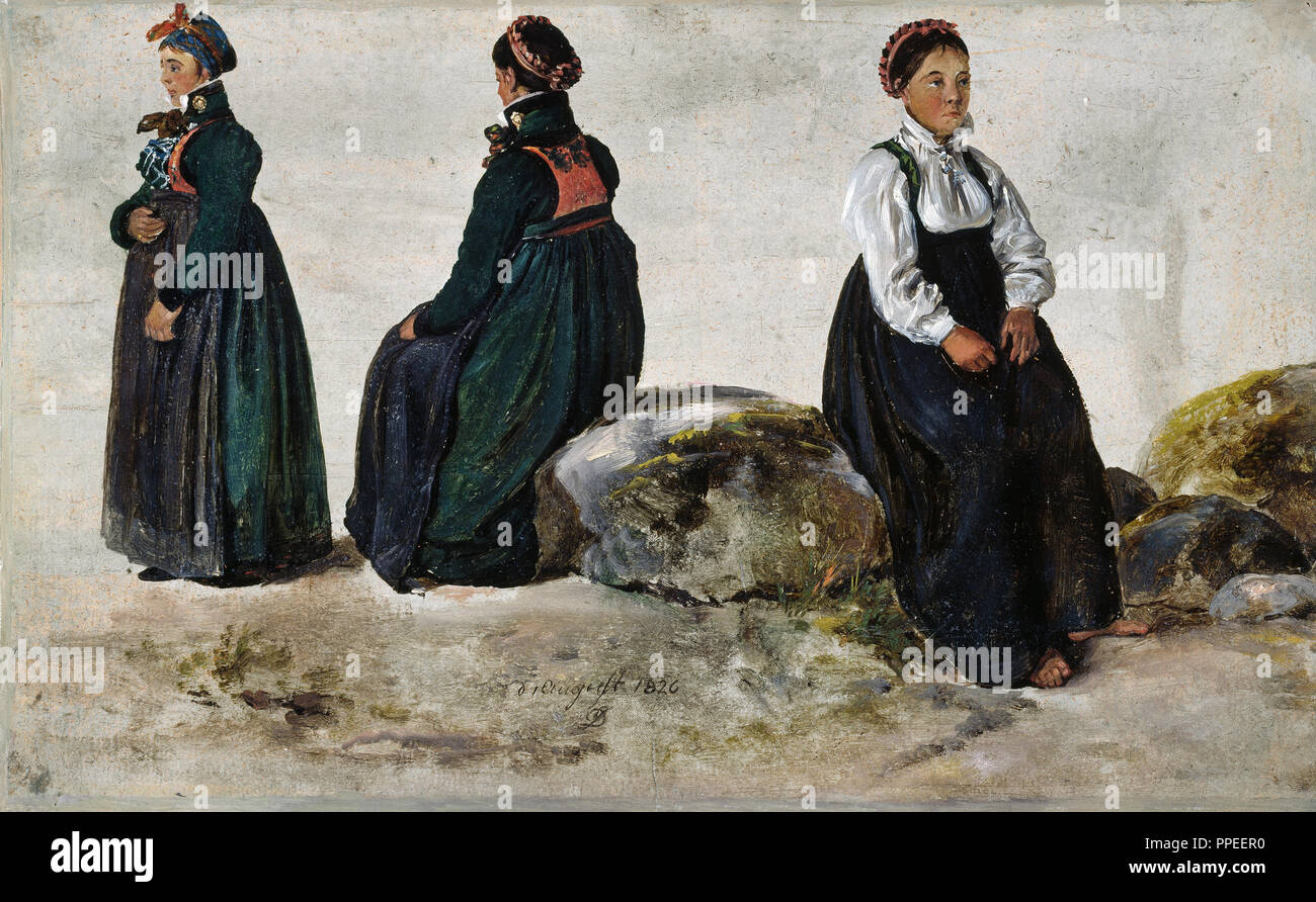 Johan Christian Dahl - Etudes de femmes Costumes de lustre dans Sogn 1826 huile sur papier. Galerie nationale de la Norvège, Oslo, Norvège. Banque D'Images
