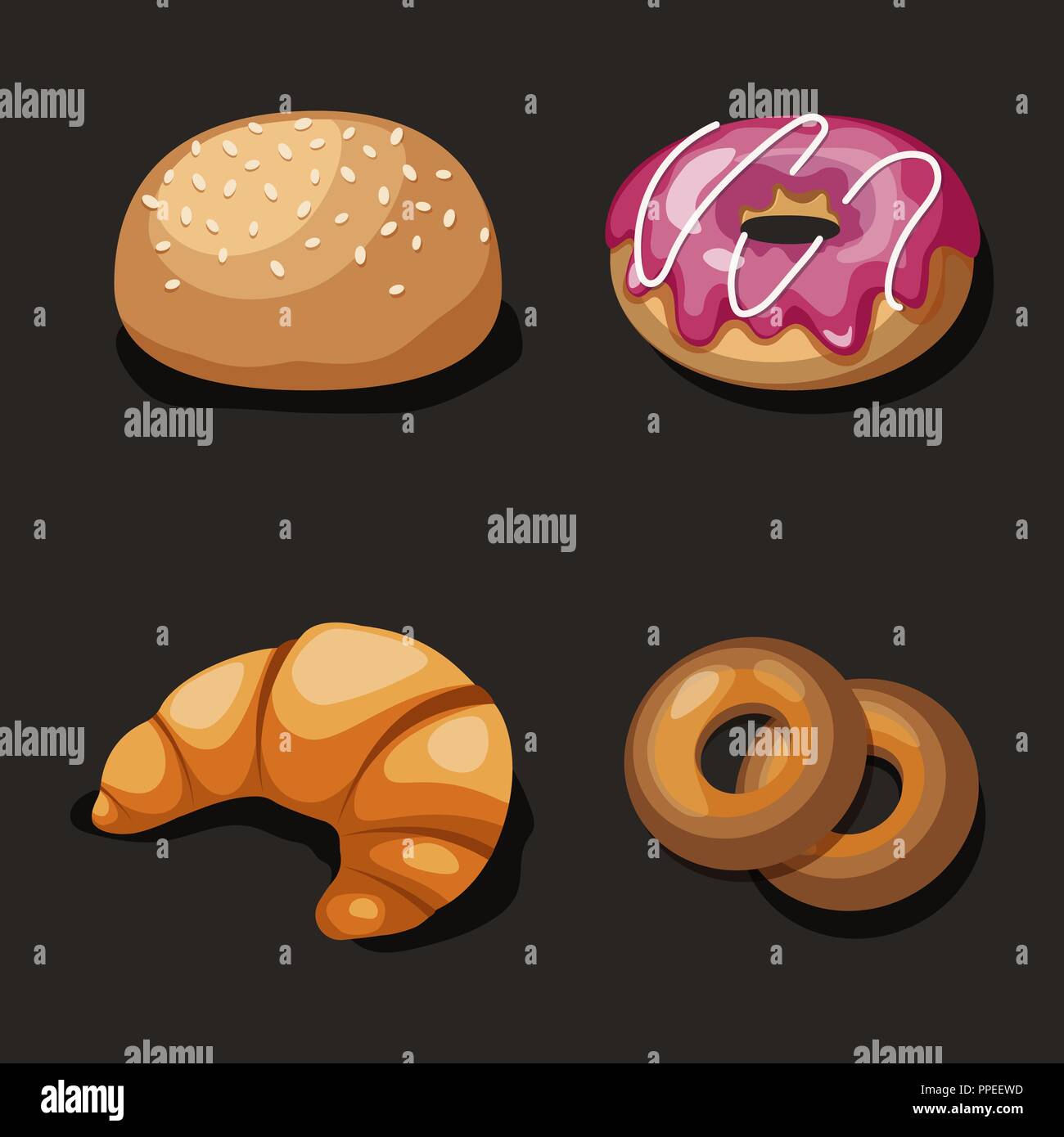 Jeu de Cute cartoon fast food vector isons, isolé sur noir burger, Donut, croissant, bagel Illustration de Vecteur