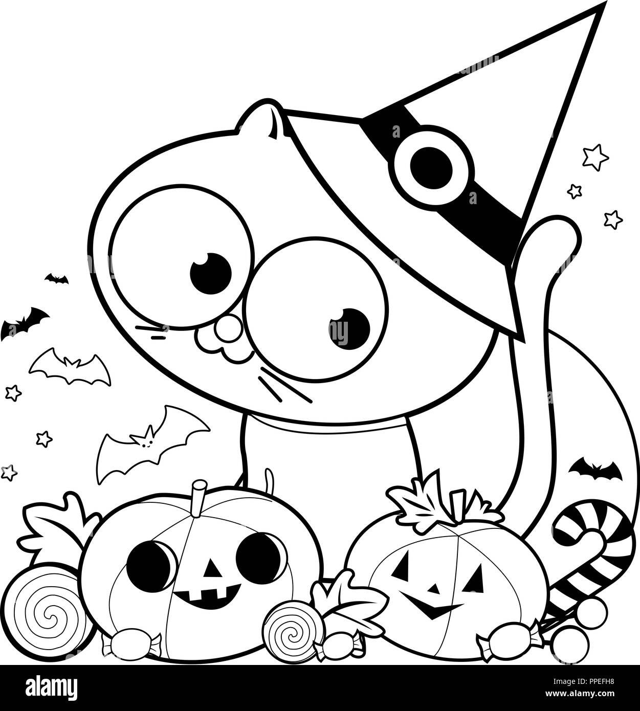 Cat Halloween, les citrouilles et les friandises. Livre de coloriage noir et blanc la page Illustration de Vecteur