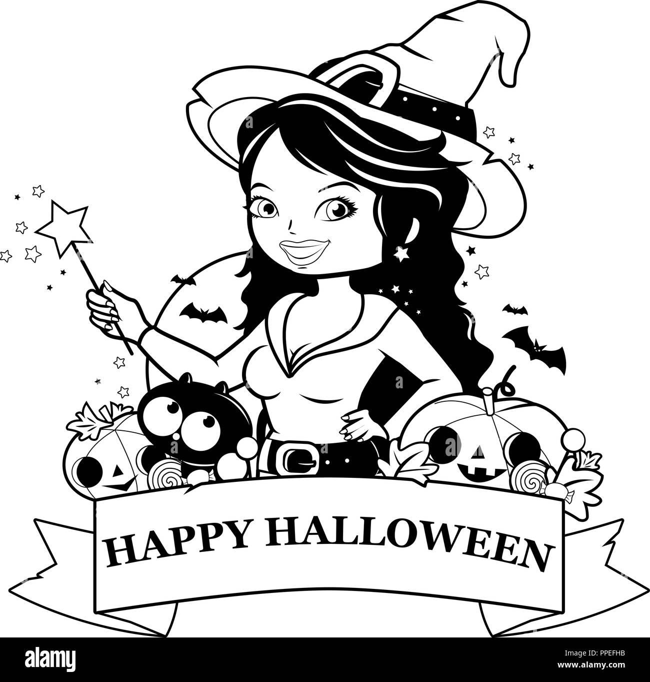 Sorcière d'Halloween, les citrouilles et les friandises. Livre de coloriage noir et blanc la page Illustration de Vecteur