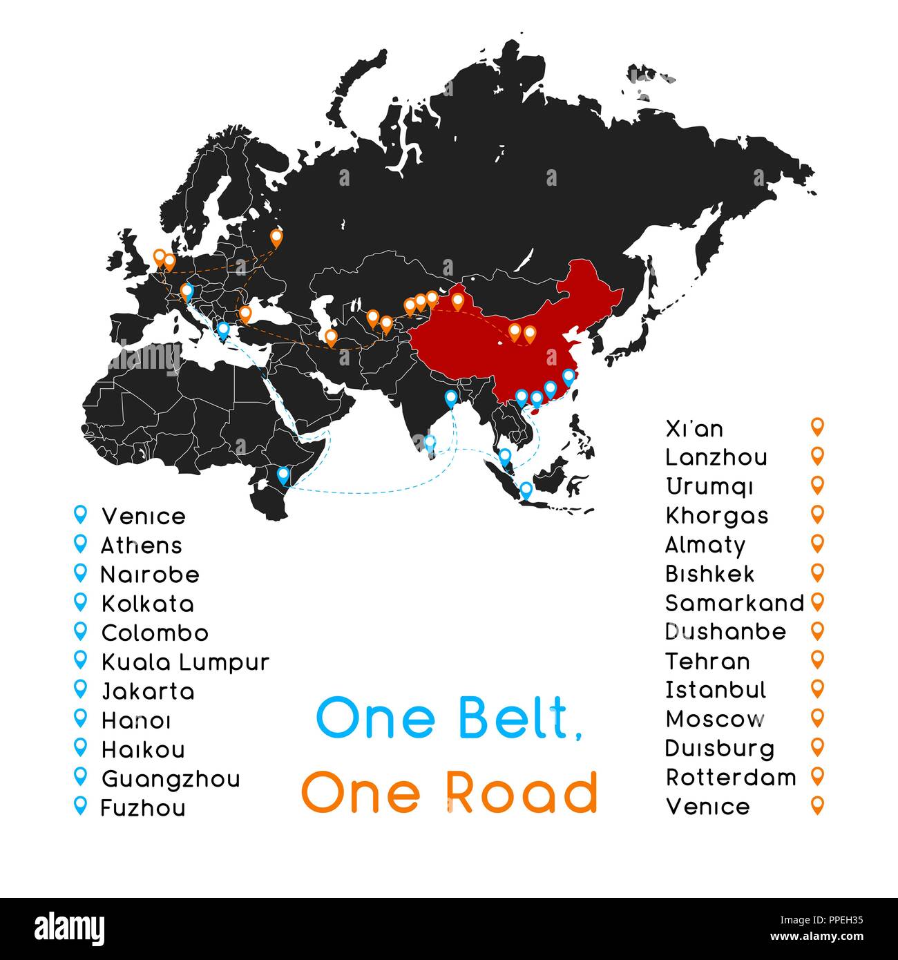 Une courroie, d'une nouvelle route de la soie Route concept. La connectivité du 21e siècle et la coopération entre les pays d'Eurasie. Vector illustration. Illustration de Vecteur