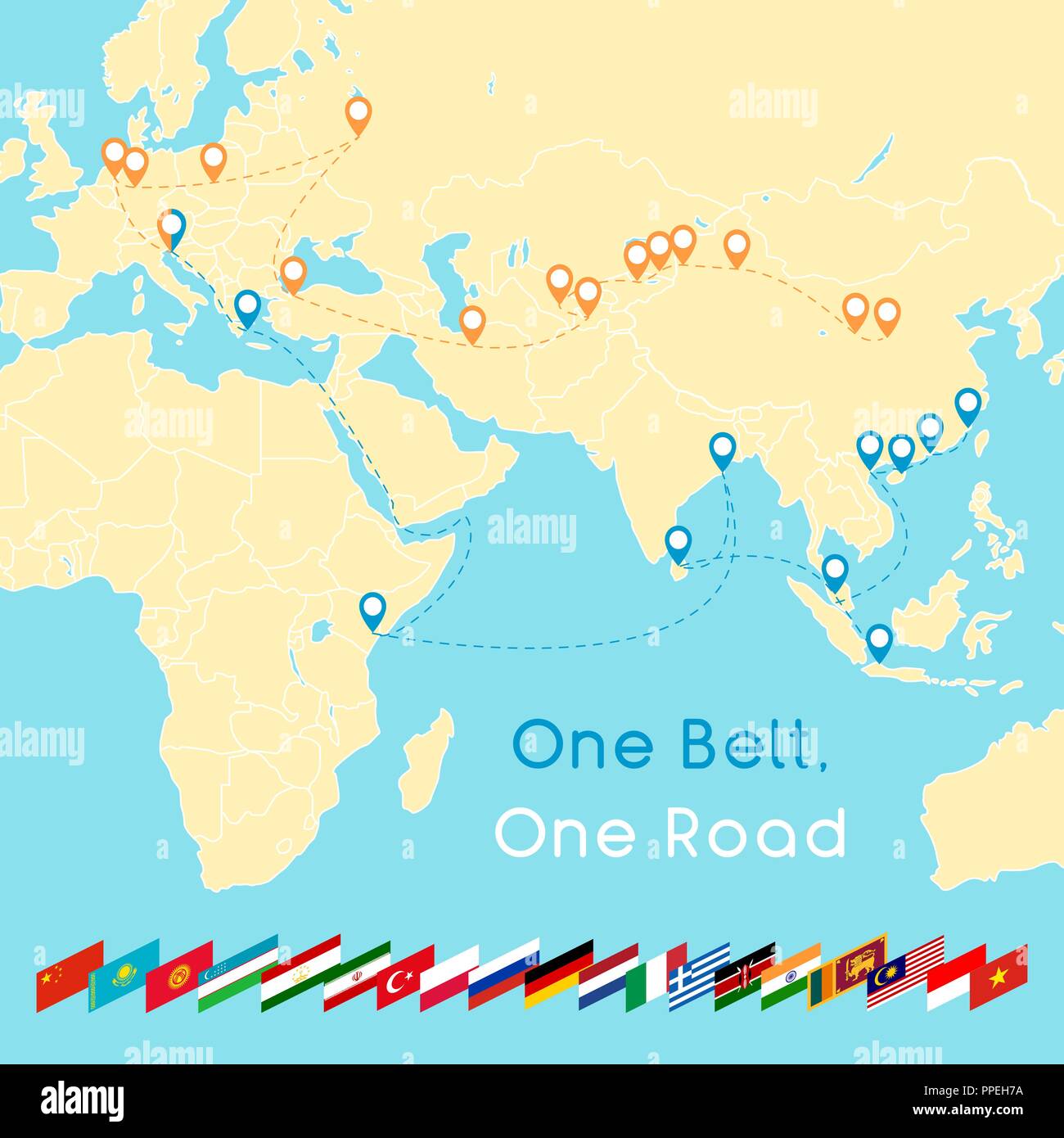 Une courroie, d'une nouvelle route de la soie Route concept. La connectivité du 21e siècle et la coopération entre les pays d'Eurasie. Vector illustration. Illustration de Vecteur