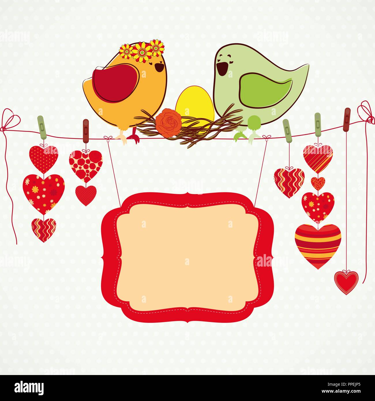 Deux birdies, le cœur sur la clothespin et une bannière pour votre texte. Illustration de Vecteur