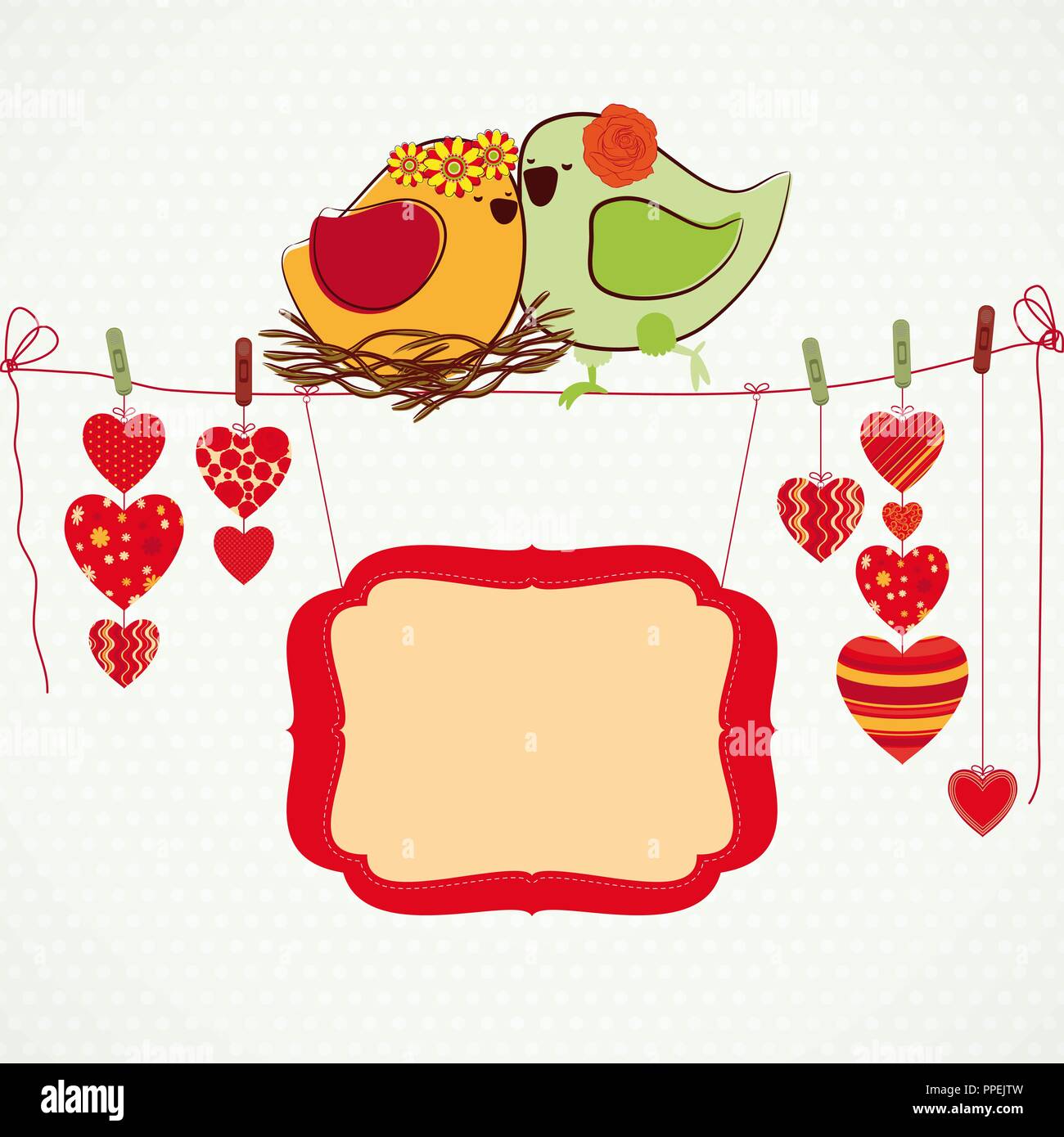 Deux birdies, le cœur sur la clothespin et une bannière pour votre texte. Illustration de Vecteur
