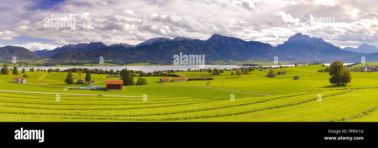 Paysage panoramique en Bavière dans l'Allgaeu près de Füssen avec vue sur le Forggensee et Saeuling et les montagnes en arrière-plan Banque D'Images