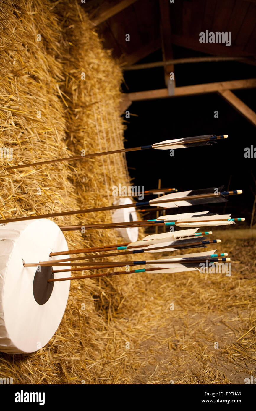 Les cibles et les flèches dans le soi-disant 'dojo' dans le club Isar-Dojo. 'Le Kyudo voie de l'arc' est l'art traditionnel japonais de la guerre, il est pratiqué dans l'ouverture et n'a qu'un refuge pour la zone cible. Dojo est le terme pour les lieux où se pratique l'art martial japonais. Banque D'Images