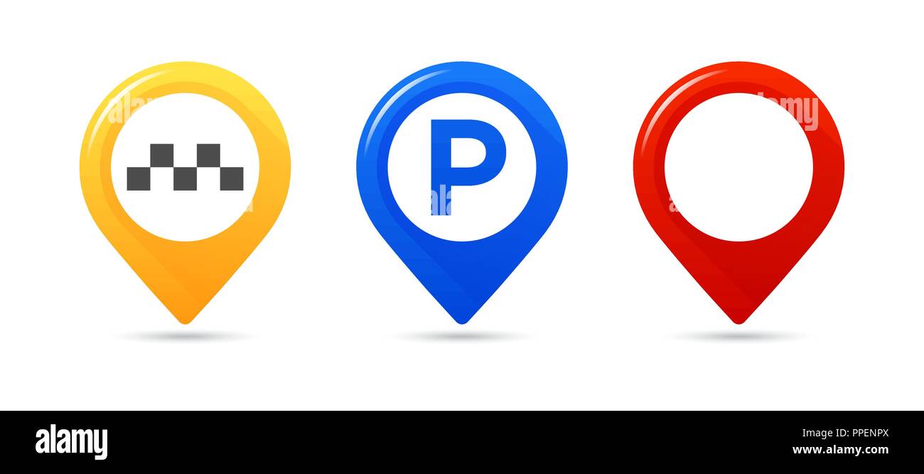 Carte colorée des pointeurs. Pointeur de carte de parking, carte, carte pointeur pointeur de taxi. Vector icons Illustration de Vecteur