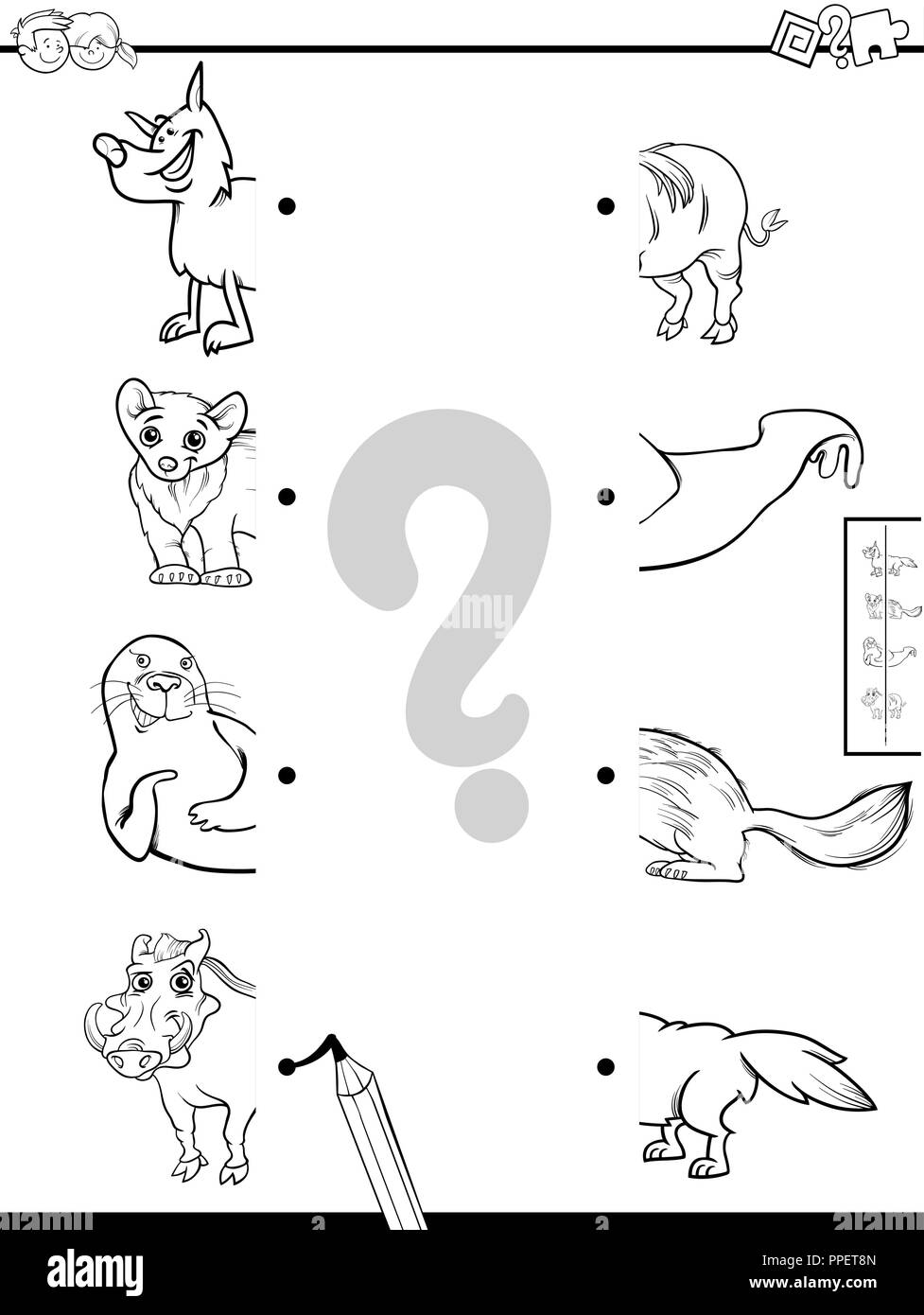 Cartoon noir et blanc Illustration de jeu éducatif des moitiés correspondantes de photos avec des animaux sauvages Coloring Book Illustration de Vecteur