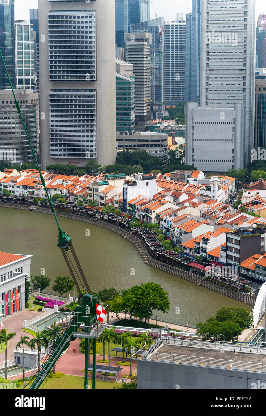 Une vue aérienne de Boat Quay et le centre financier de la Peninsula Excelsior Hotel au centre-ville de Singapour République de Singapour Asie Banque D'Images