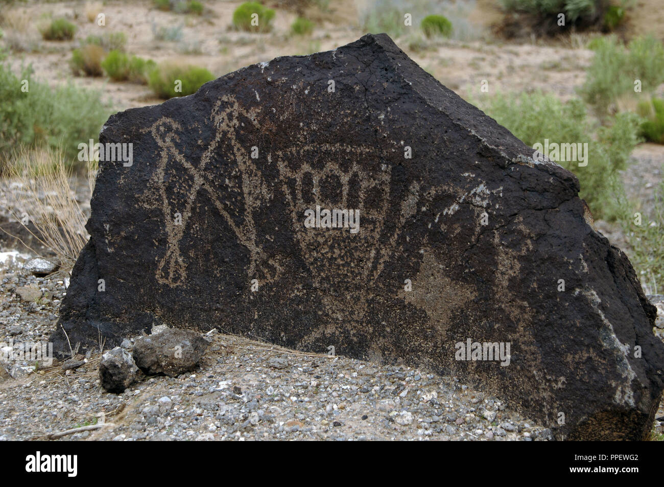 L'art préhistorique USA. Petroglyph National Monument. Pétroglyphes fait   par les amérindiens et certains d'entre eux, par des colons. Boca Negra Canyon. Près de Albuquerque. Le Nouveau Mexique. Banque D'Images