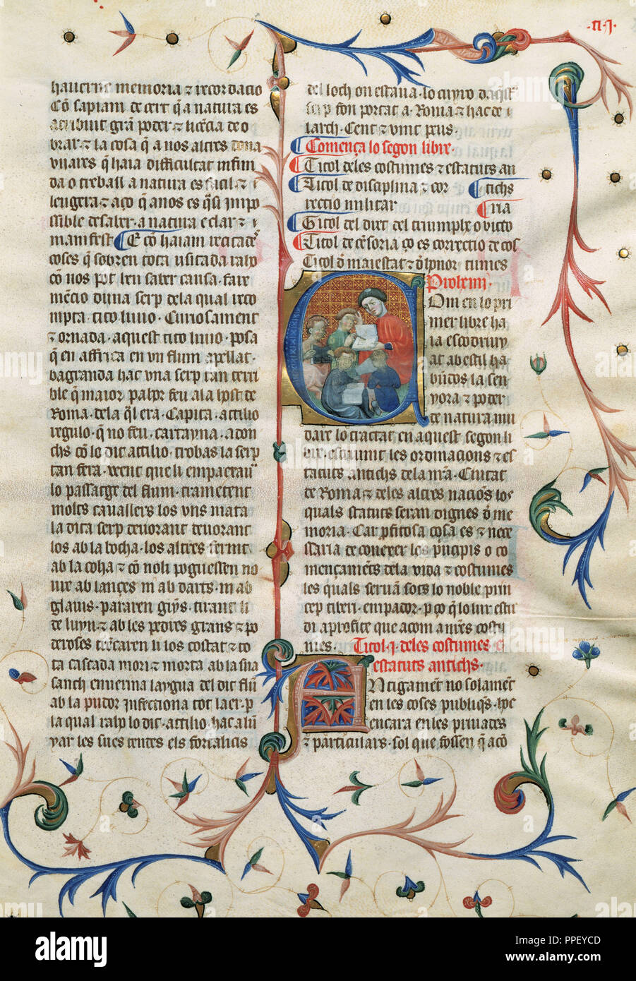 LITERATURA CATALANA. SIGLOS XIV-XV. Canaux, Antoni (1352-1419). Fraile dominicano nacido en Valencia, autor de records tratados espirituales. "GESTA ROMANORUM". Obra traducida en 1395 del latín al valenciano. FOLIO 24. Inicio del Segundo Livre de la copia del Manuscrito de Valerio Máximo (s. J'ai d. C.) . Banque D'Images