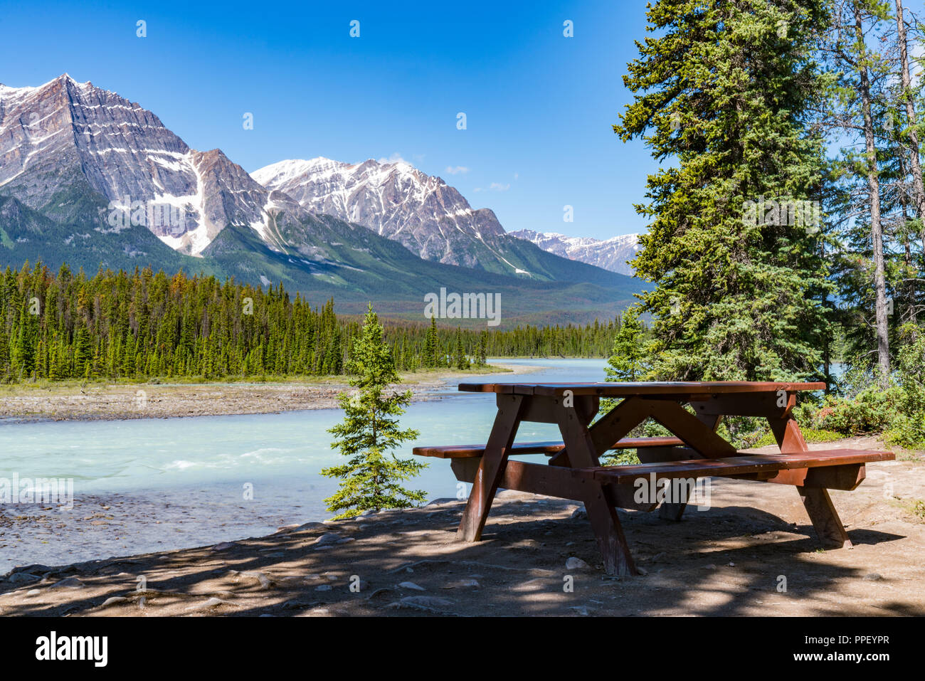 Table de pique-nique le long de la rivière Bow dans le parc national Jasper, Alberta, Canada Banque D'Images