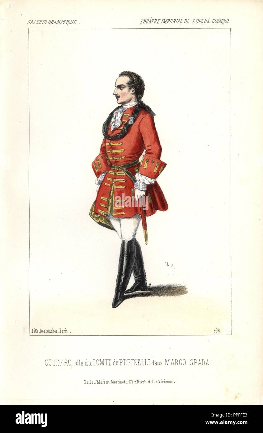 Couderc en uniforme militaire du 18ème siècle que le Comte de Pepinelli dans 'Marco Spada" à l'Opéra Comique. . Lithographie coloriée par Alexandre Lacauchie de 'Galerie dramatique : les costumes des théâtres de Paris 1852. Banque D'Images