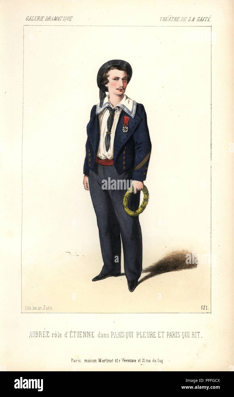 Aubree dans le rôle d'Etienne dans 'Paris qui pleure et Paris qui rit" au Théâtre de la gaité. . Lithographie coloriée par Alexandre Lacauchie de 'Galerie dramatique : les costumes des théâtres de Paris 1852. Banque D'Images