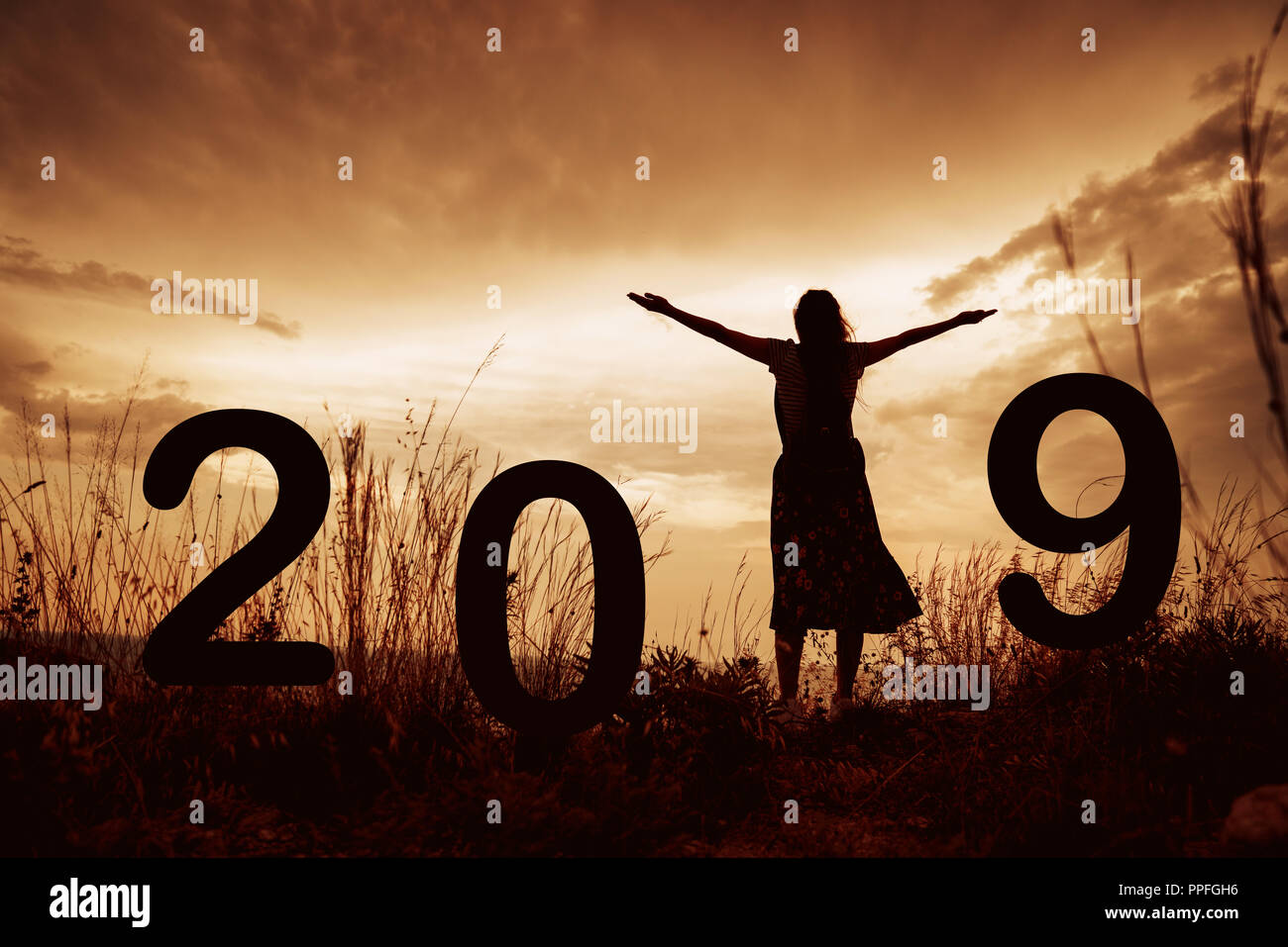 2019 Nouvelle année silhouette d'une fille avec les mains posées lors du lever ou du coucher du soleil d'or avec l'exemplaire de l'espace. Concept de joie, louange, adoration, liaison avec Banque D'Images