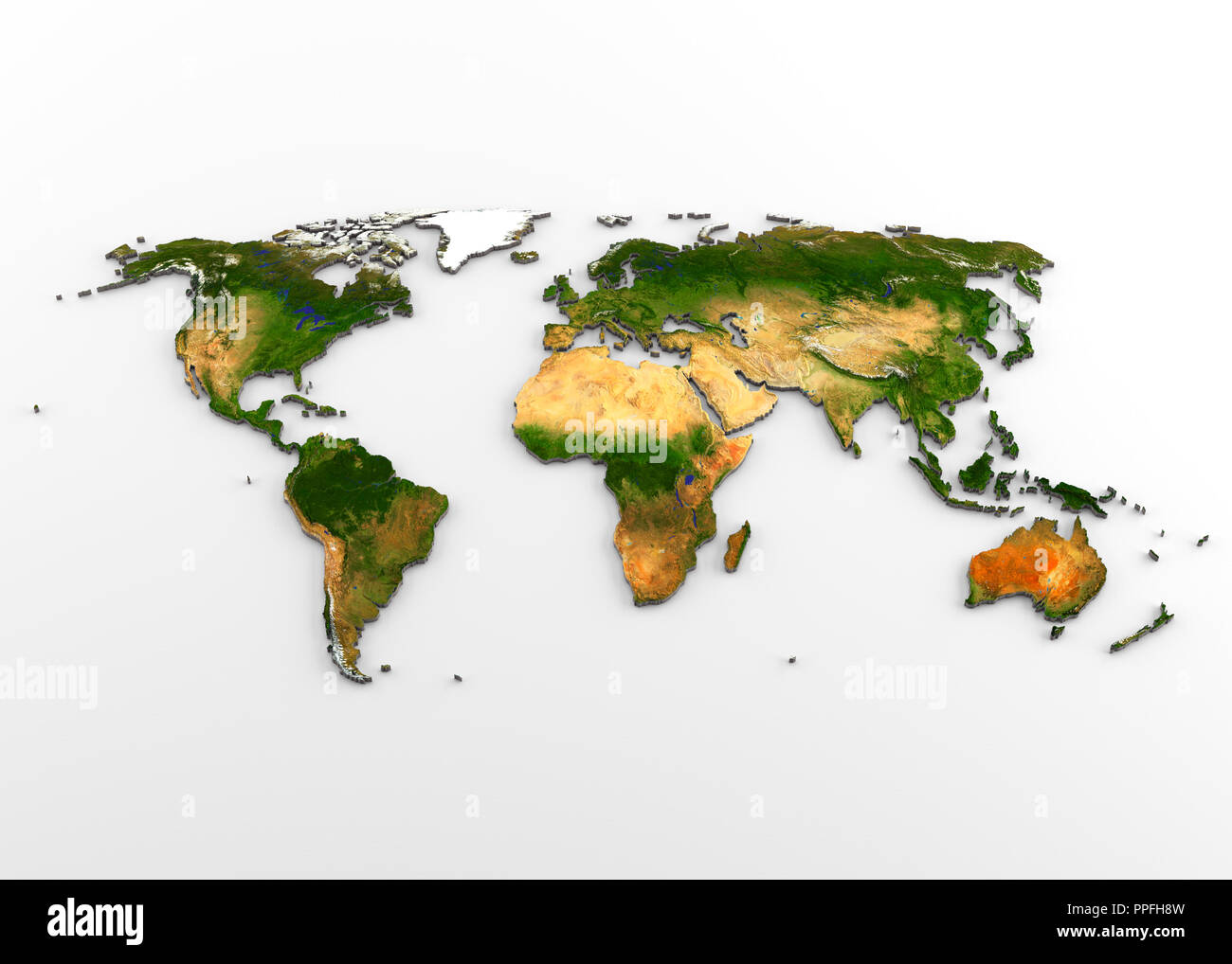 Le rendu 3D de haute résolution extrudé carte physique (avec relief) du monde, isolé sur fond blanc. Banque D'Images