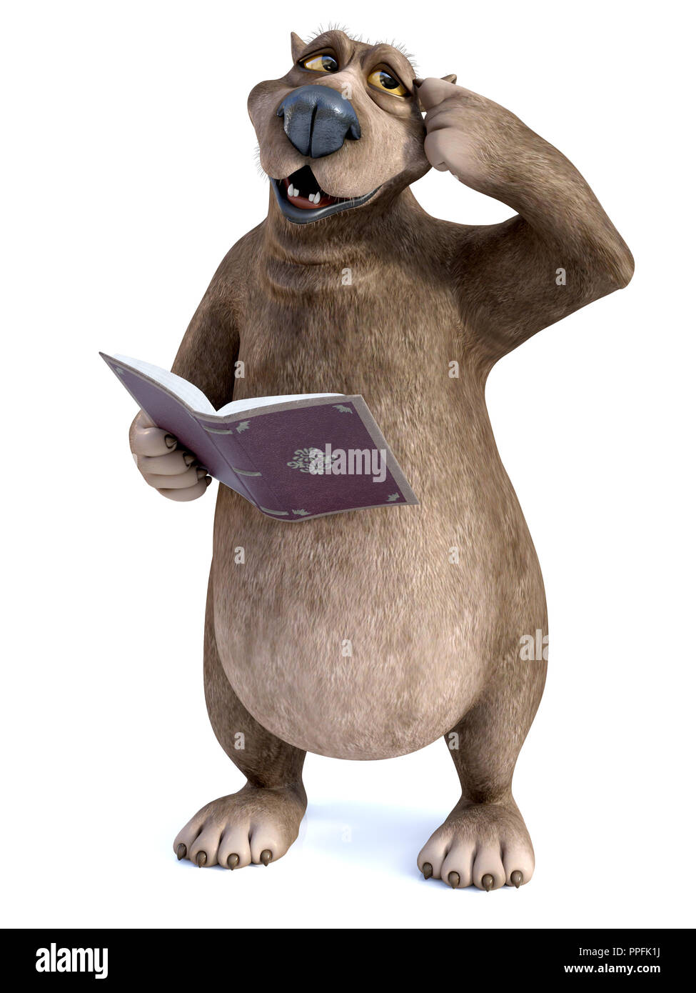 Le rendu 3D d'un charmant sourire cartoon bear tenant un livre dans sa main pensez à quelque chose, à un peu confus tout en se grattant la tête. Banque D'Images