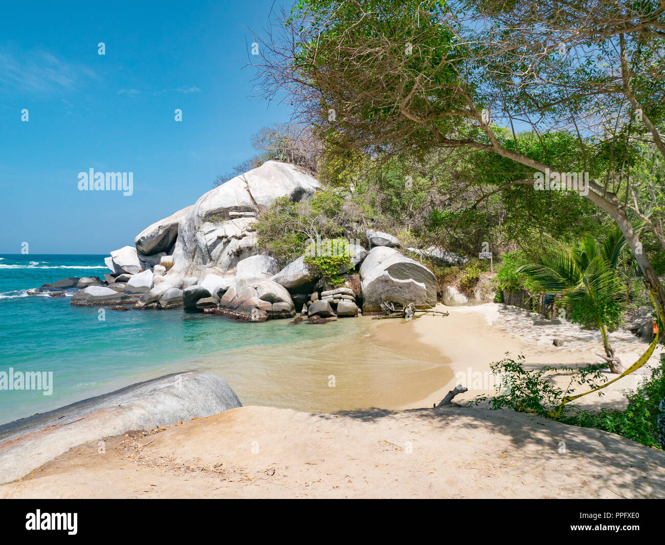 Belle plage des Caraïbes solitaire avec palmiers et grand rond de pierre dans le Parc National Tayrona près de Santa Marta, dans le Nord de la Colombie Banque D'Images