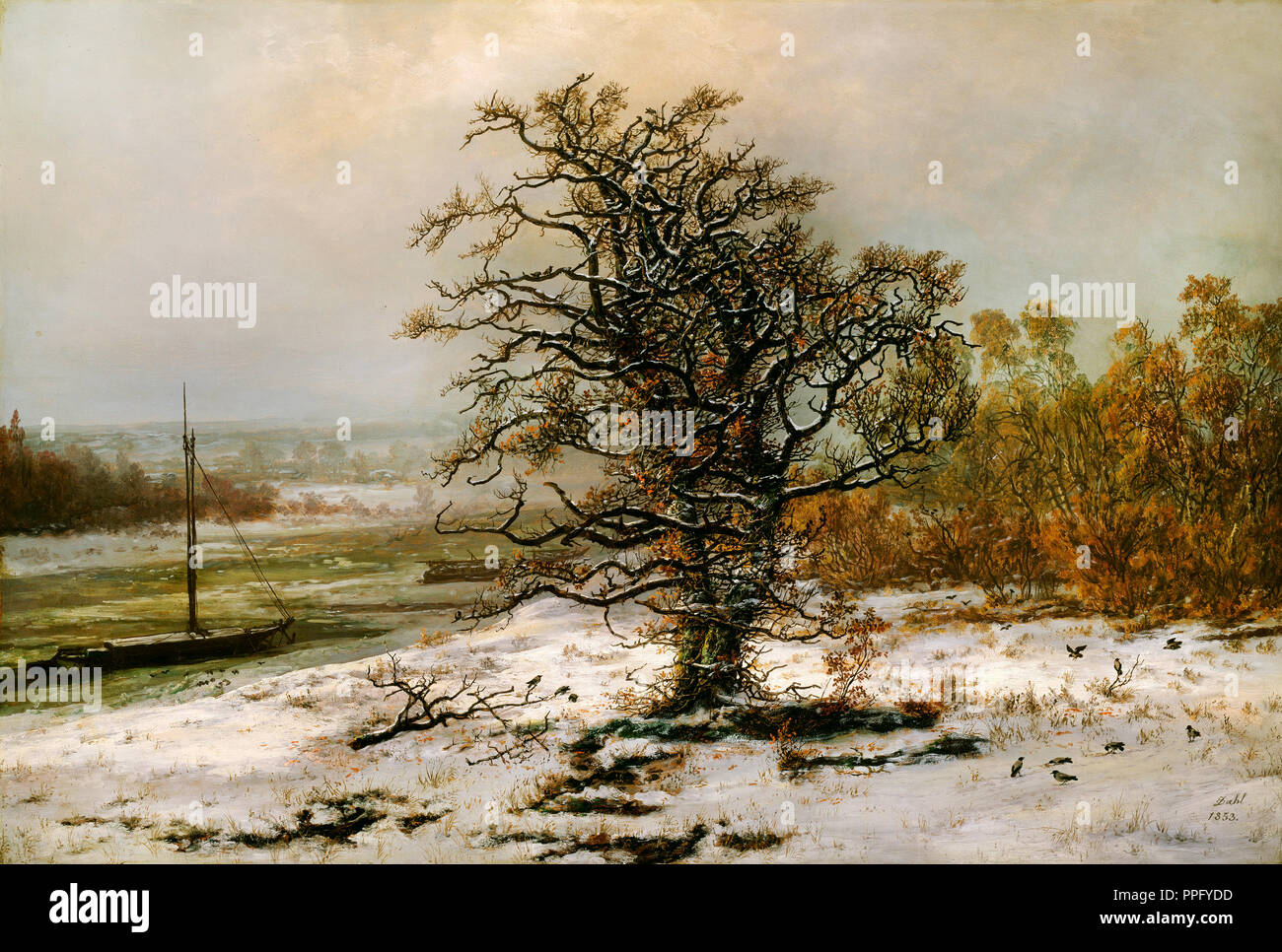 Johan Christian Dahl - Arbre de chêne de l'Elbe en hiver 1853 Huile sur toile. Galerie nationale de la Norvège, Oslo, Norvège. Banque D'Images