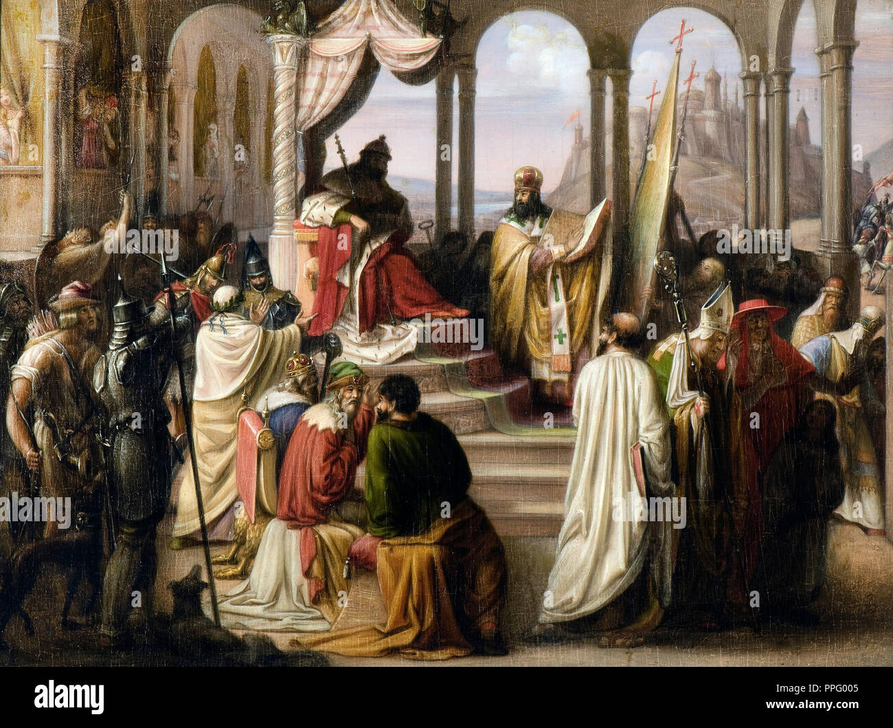 Johann Leberecht Eggink - Prince Vladimir choisit une religion en 988. / Un différend religieux à la cour de Russie. 1822 Huile sur toile. National Letton Banque D'Images Johann Leberecht Eggink - Prince Vladimir choisit une religion en 988. / Un différend religieux à la cour de Russie. 1822 Huile sur toile. National Letton Banque D'Images