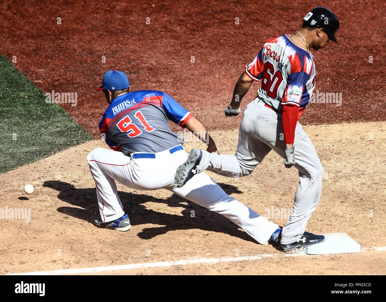 Damek Tomscha (i) y Bethancourt chrétienne . Acciones, durante el partido de beisbol entre Criollos de Caguas de Puerto Rico contra las Águilas Cibaeñ Banque D'Images