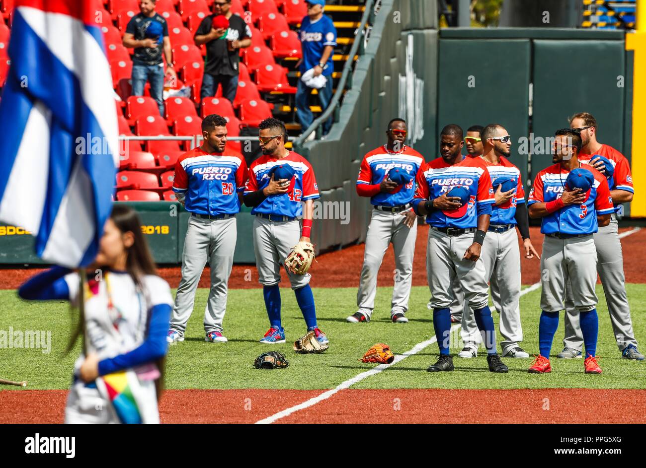 Puerto Rico l'équipe . Partido de beisbol de la Serie del Caribe con el Encuentro entre Caribes de Anzoátegui (de Venezuela contra los Criollos de Caguas Banque D'Images