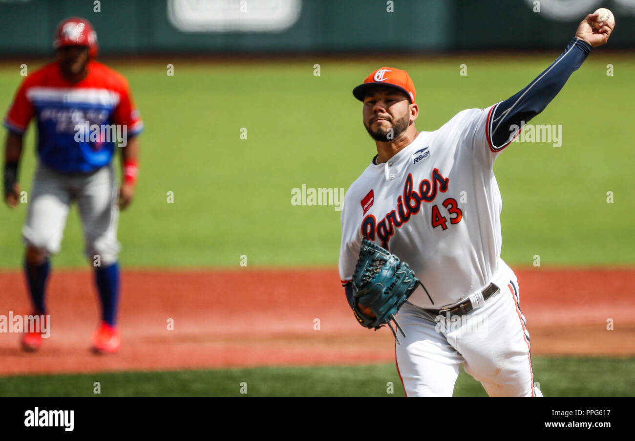 . Partido de beisbol de la Serie del Caribe con el Encuentro entre Caribes de Anzoátegui (de Venezuela contra los Criollos de Caguas de Puerto Rico en Banque D'Images