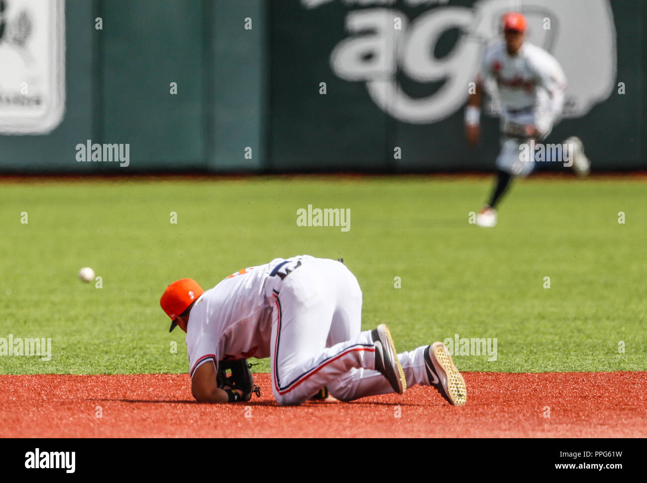 . Partido de beisbol de la Serie del Caribe con el Encuentro entre Caribes de Anzoátegui (de Venezuela contra los Criollos de Caguas de Puerto Rico en Banque D'Images