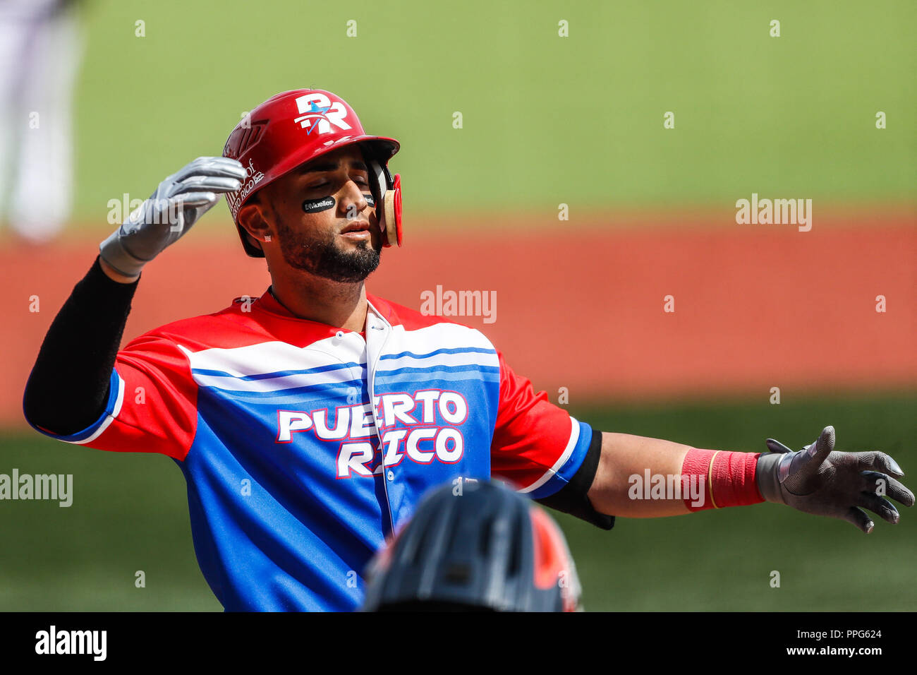 David Vidal de Puerto Rico Homerun celebra. . Partido de beisbol de la Serie del Caribe con el Encuentro entre Caribes de Anzoátegui (de Venezuela con Banque D'Images